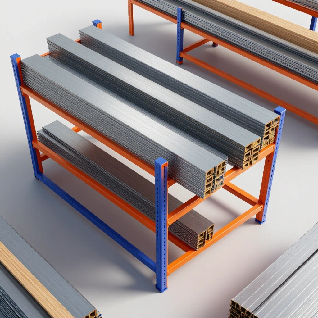 Top-down view of a partially constructed steel sheet storage rack, showcasing raw steel sheets and wooden components in a workshop setting.