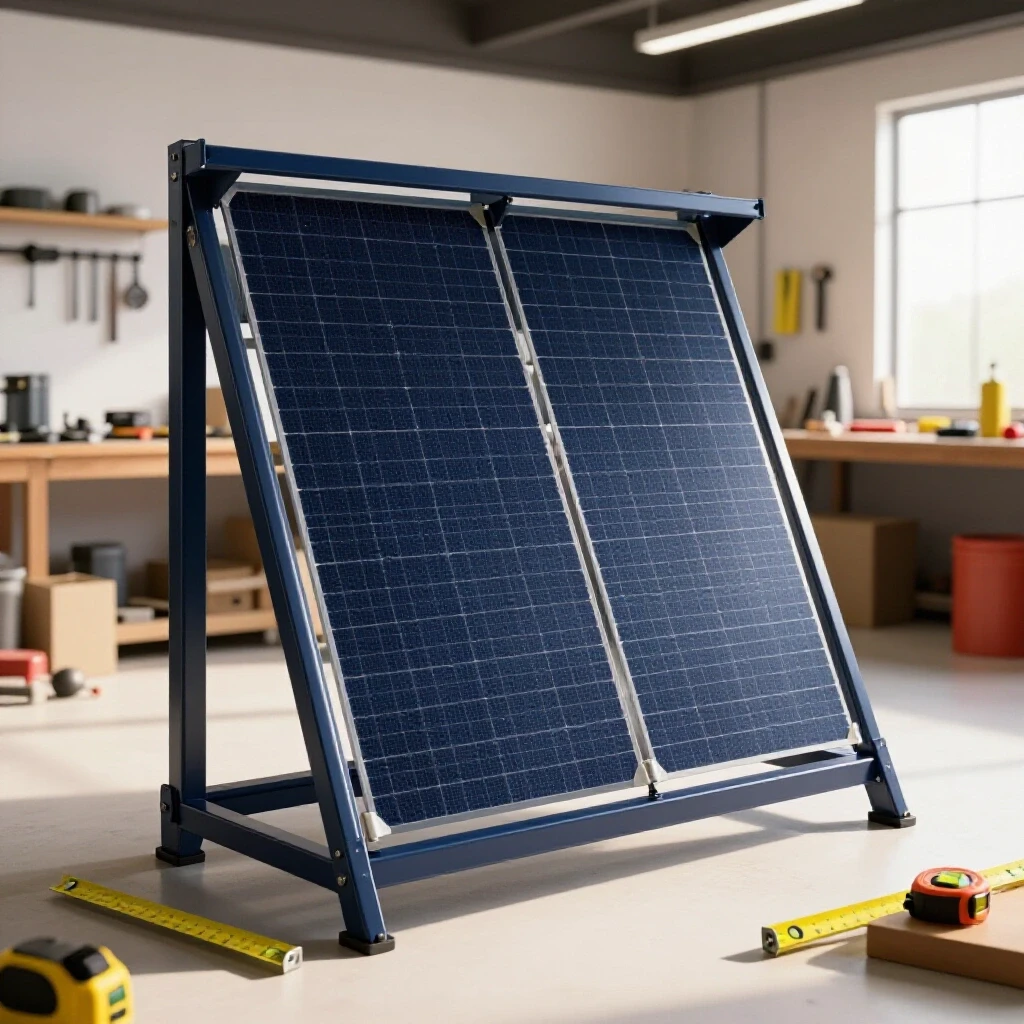 A robust solar battery rack in a brightly lit workshop, surrounded by fabrication tools hinting at DIY projects.