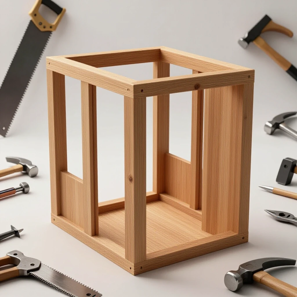 A detailed wooden mockup structure surrounded by workshop tools like a saw and hammer, emphasizing DIY crafting.