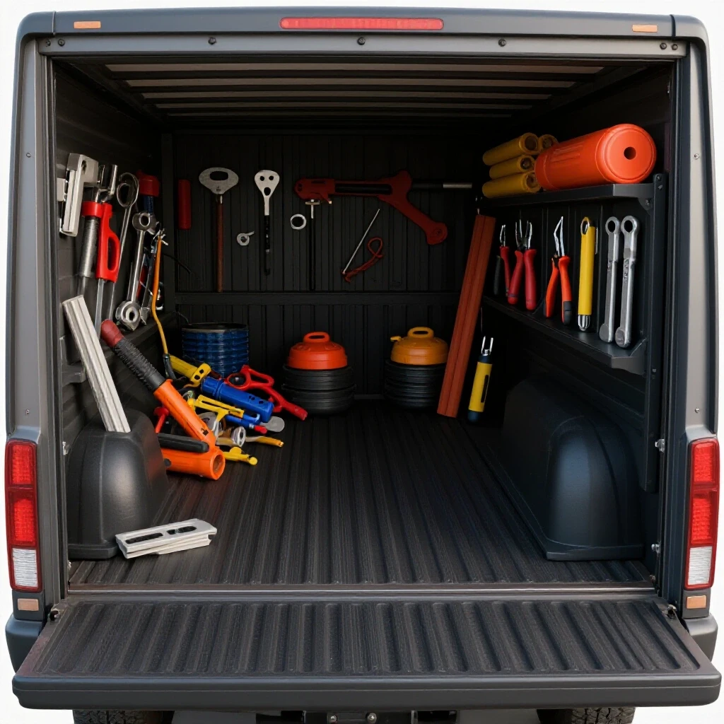 A split view of a truck bed; one side is cluttered with tools, while the other is organized with a sliding cargo divider.