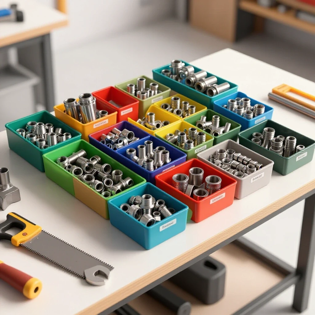 A clean workshop bench with colorful sorting bins filled with pipe and tube fittings, tools in the foreground.