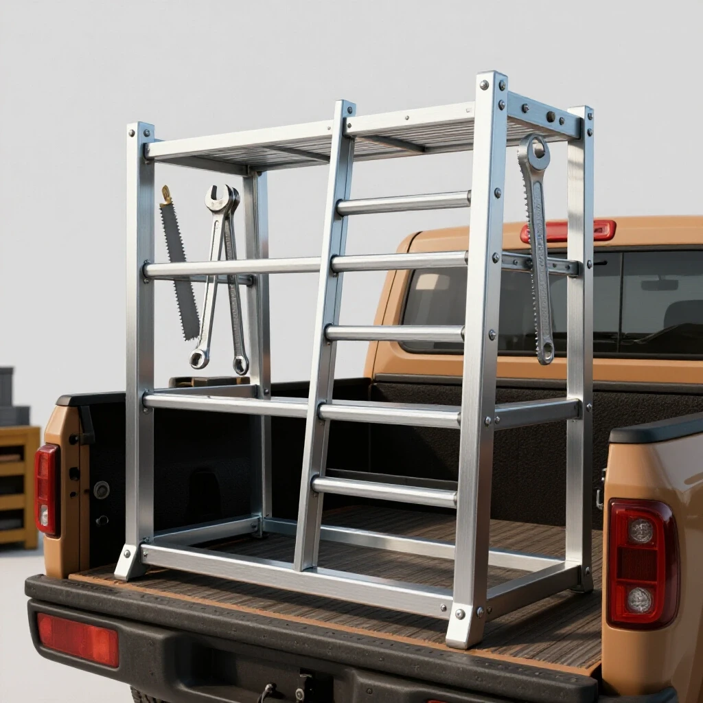 A detailed view of a steel ladder rack on a rugged truck, surrounded by tools in a bright workshop environment.