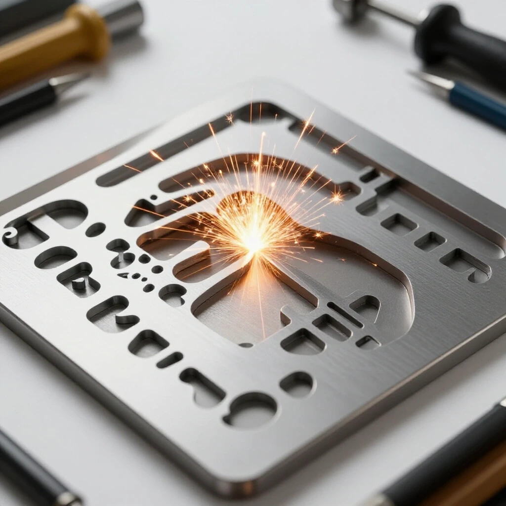 Close-up of a steel stencil template being cut, with flying sparks and workshop tools blurred in the background.