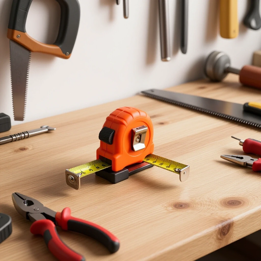 A well-organized workshop bench with a prominent orange tape measure holder surrounded by tools, emphasizing DIY fabrication.