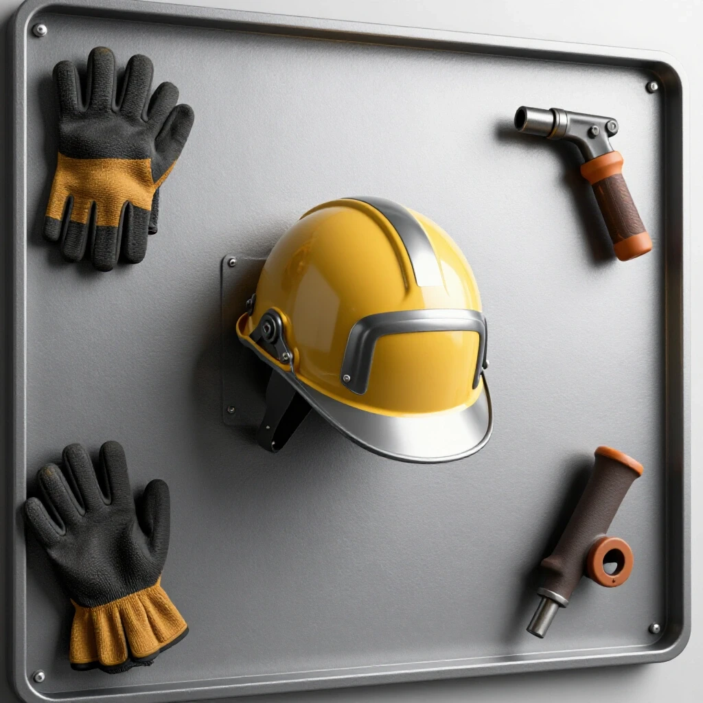 Custom wall-mounted holder for welding helmets surrounded by tools in a brightly lit workshop.