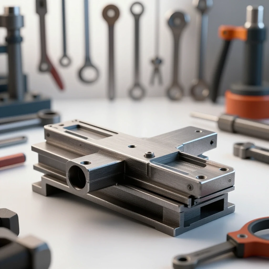 A well-structured, robust welding jig in a workshop setting with various blurred tools in the background.
