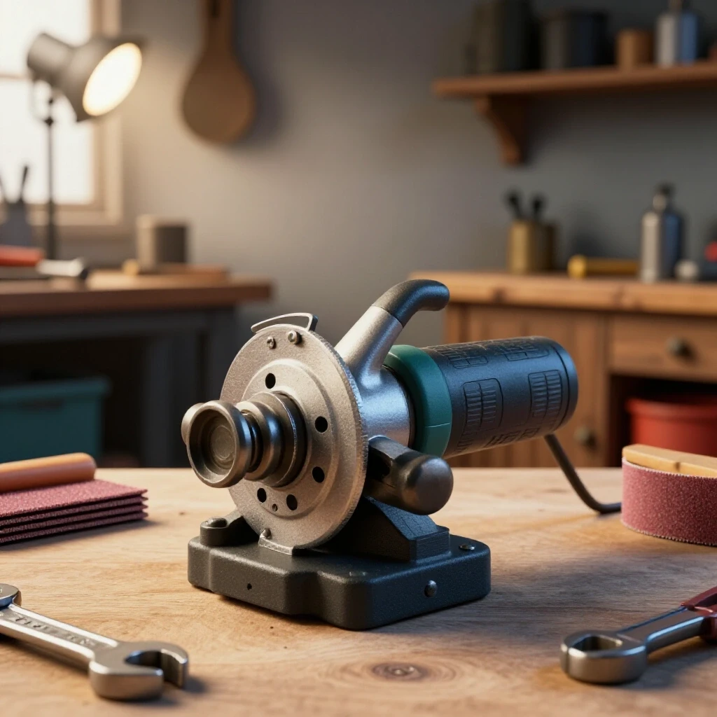 Vintage bench grinder surrounded by tools on a rustic workshop backdrop, warm lighting enhancing nostalgia