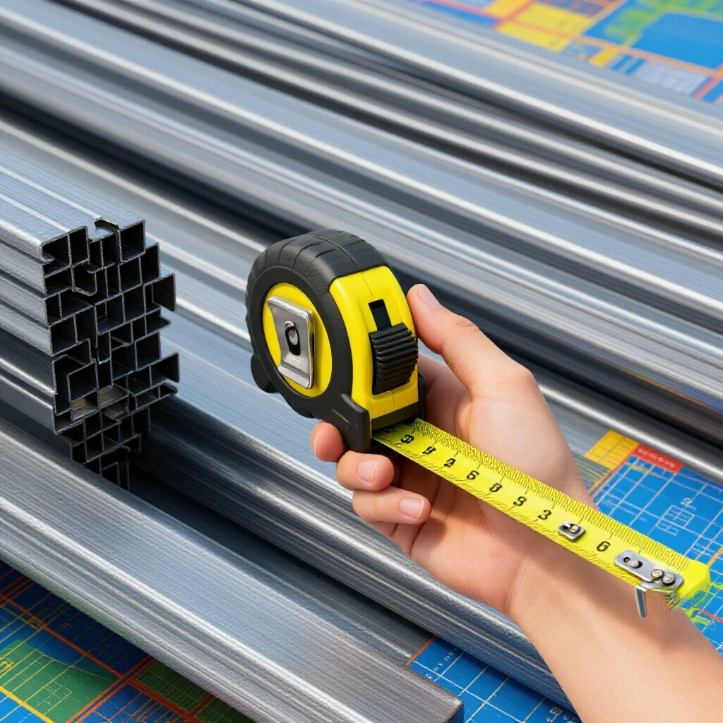 A close-up of a hand holding a tape measure in front of neatly stacked steel bars and a colorful blueprint overlay.