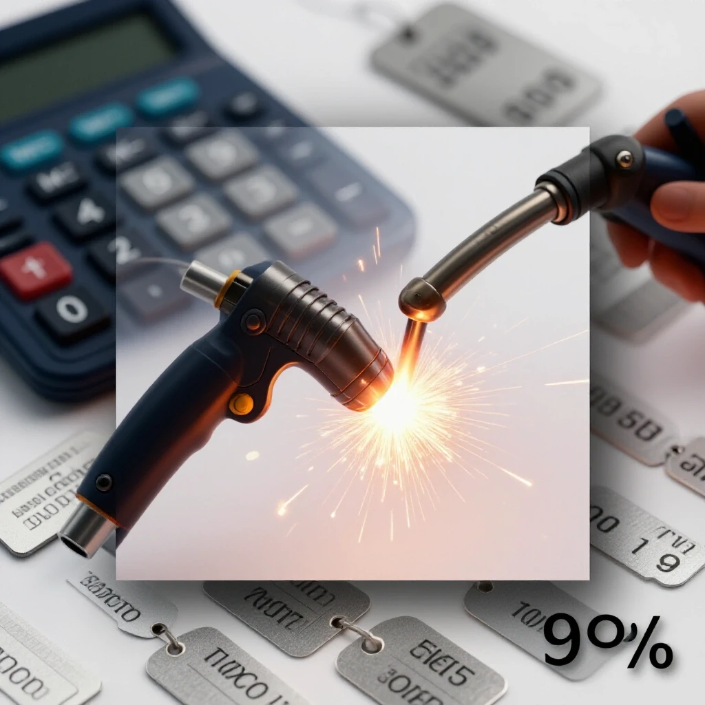 Close-up of welding torch emitting bright sparks with a calculator and price tags in the background, symbolizing cost calculation.