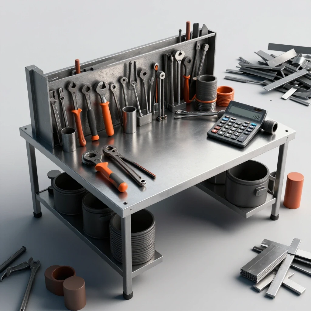 A well-organized metal shop workspace highlighting neat tools and cluttered metal scraps, with a calculator nearby.