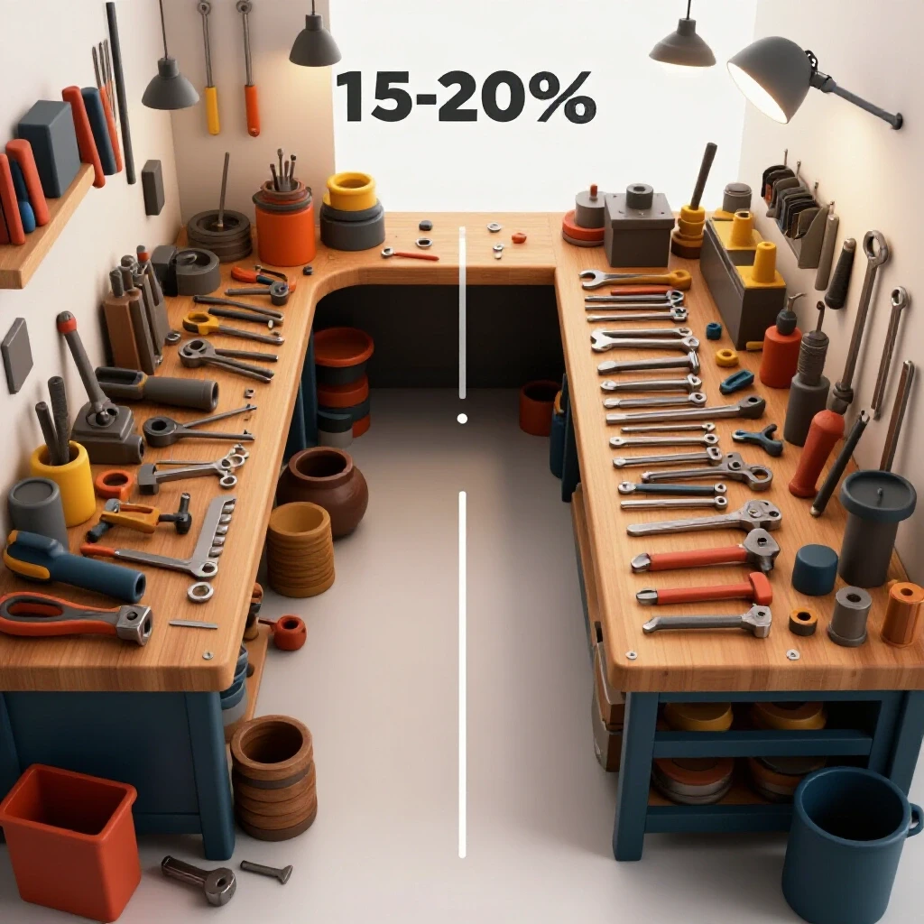 A small workshop showcasing a transition from a cluttered workspace to an organized layout, illustrating batch run optimization.