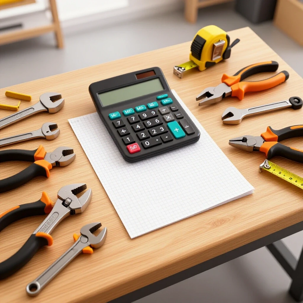 A well-organized workshop table with a calculator, graph paper, and various fabrication tools highlighting the blend of precision and craftsmanship.