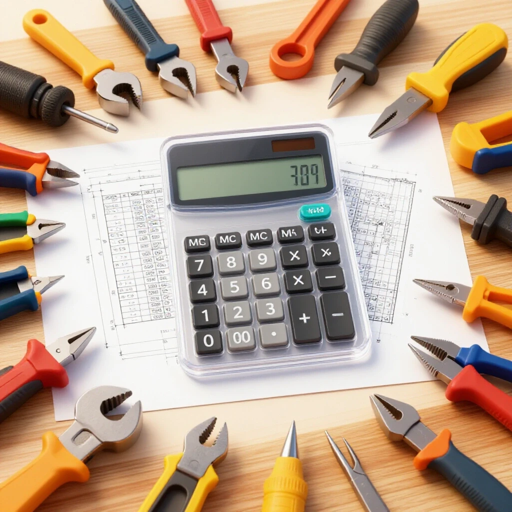 A vibrant workbench filled with tools and a calculator overlaying a blueprint, showcasing project cost calculation in fabrication.