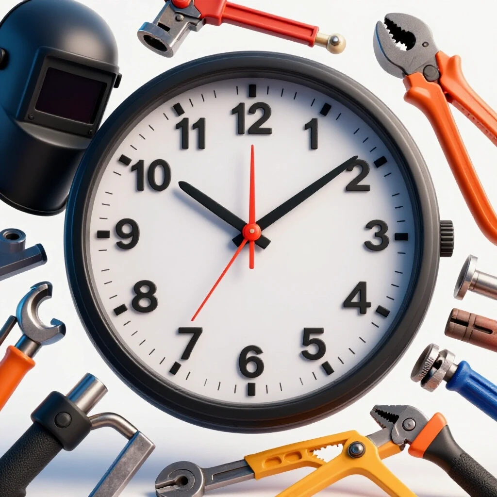 A striking image of a clock against vibrant welding tools, symbolizing time management in custom welding projects.