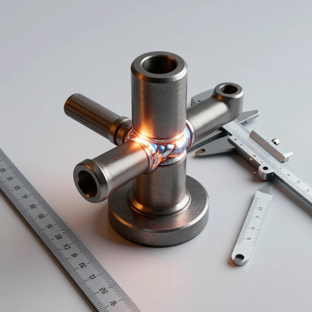 A detailed welding setup showcasing distortion in a welded joint, with precision tools for measuring dimensions.