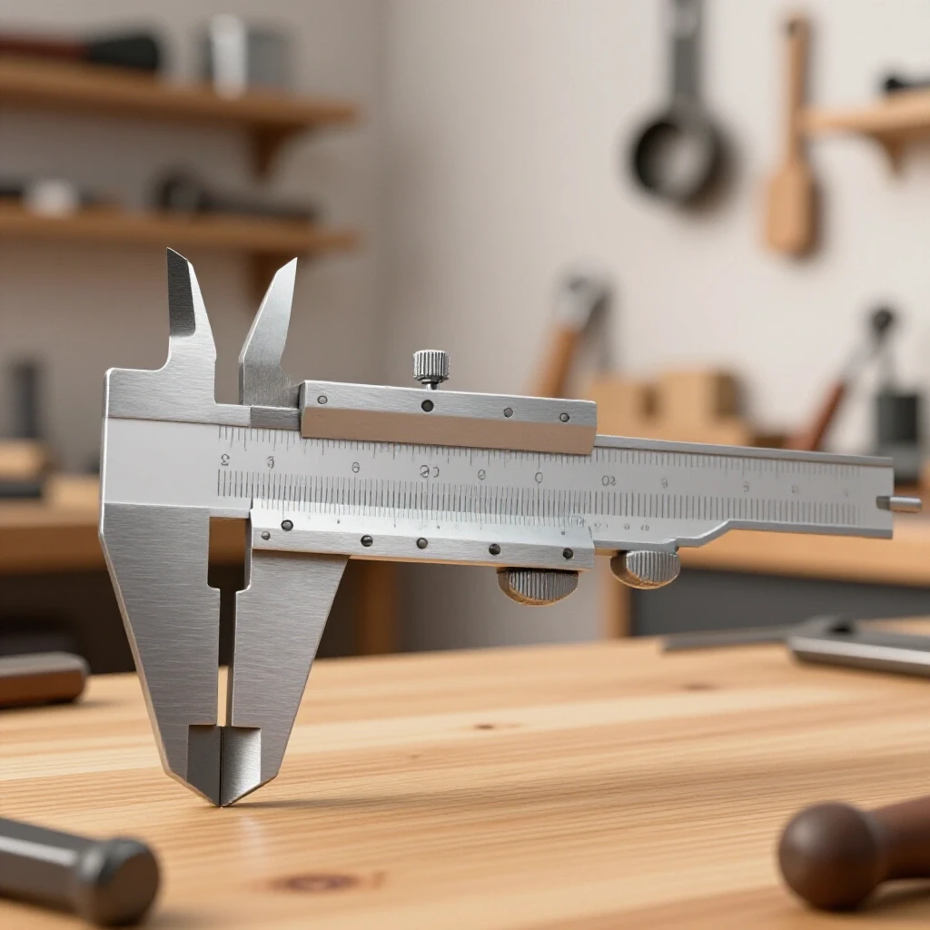 A close-up of a precision caliper in a well-lit workshop background, showcasing tools and materials, emphasizing craftsmanship.