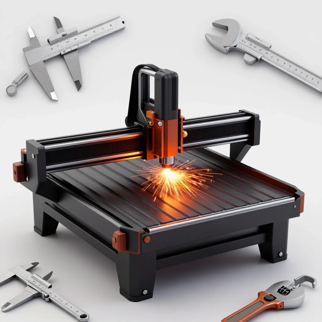 A vibrant CNC plasma table cutting metal with sparks, surrounded by precision tools like calipers.