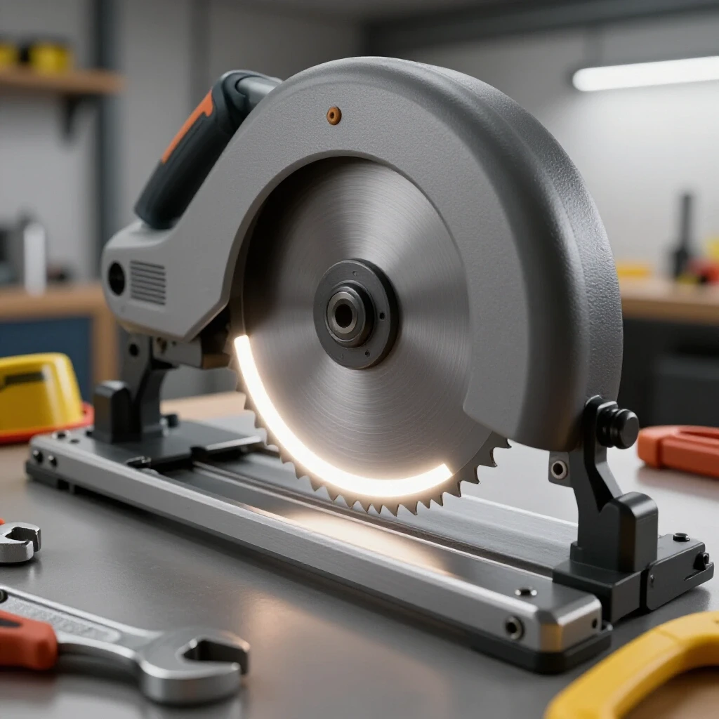 Close-up of a metal bandsaw with a bright blade, surrounded by a wrench and safety gear, set in a blurred workshop background.