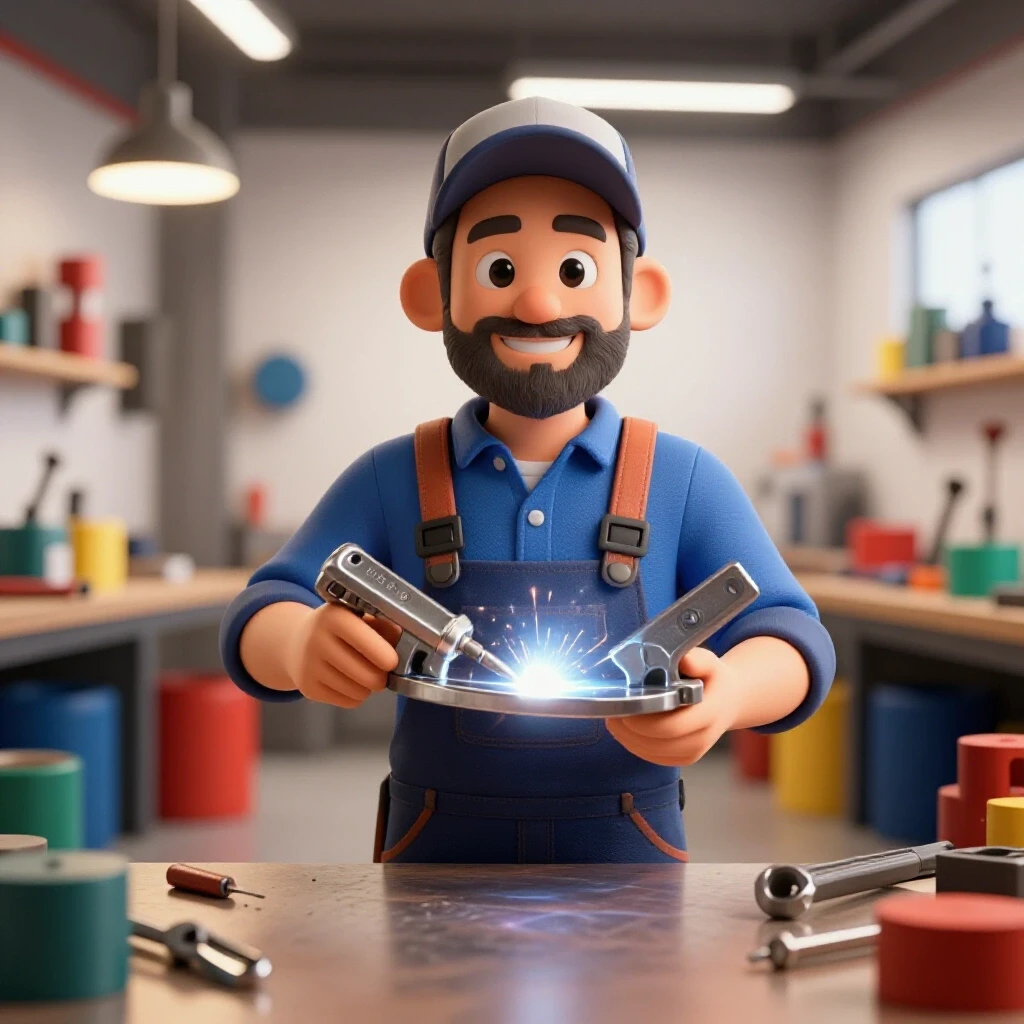 Friendly welder holding a custom metal piece in a vibrant workshop filled with tools.