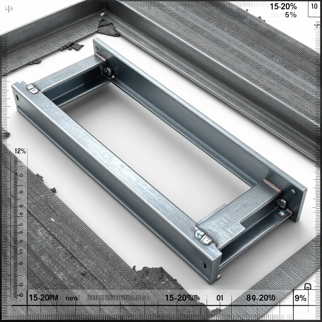 A large welded metal frame with a carpenter's square placed against it, emphasizing precision and alignment in a bright studio setting.