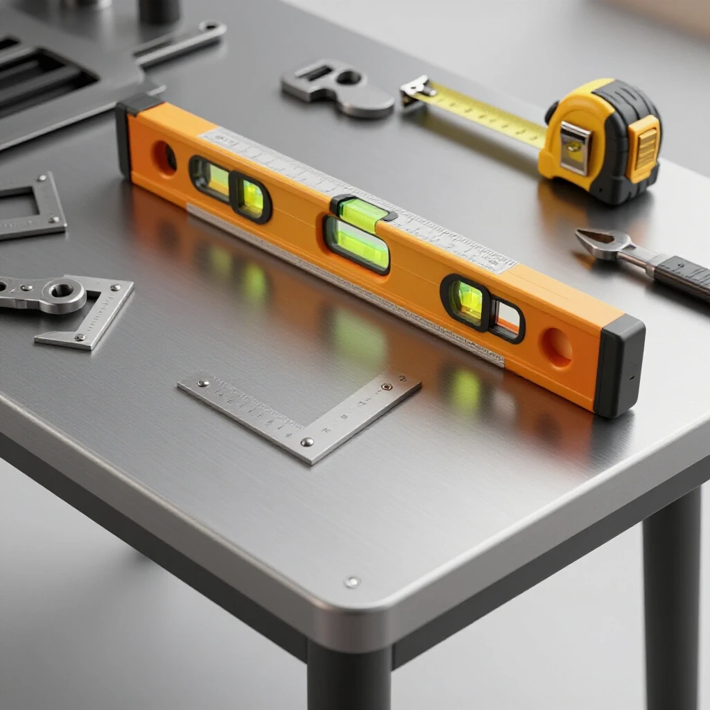 Close-up of a welding table showcasing a spirit level, square, and measuring tape, emphasizing precision in DIY projects.