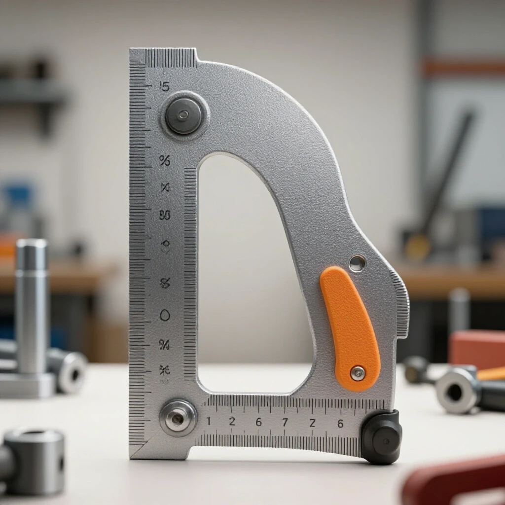 Close-up of a precision angle measuring tool showcasing its sharp details against a blurred workshop backdrop.
