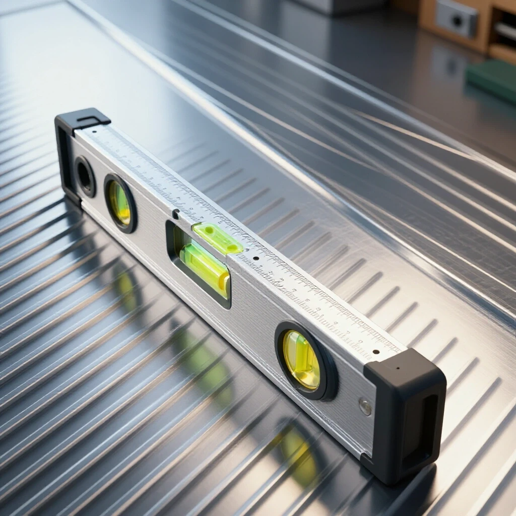 Close-up of a shiny machinist level positioned on a smooth metal surface, showcasing precise alignment in workshop lighting.