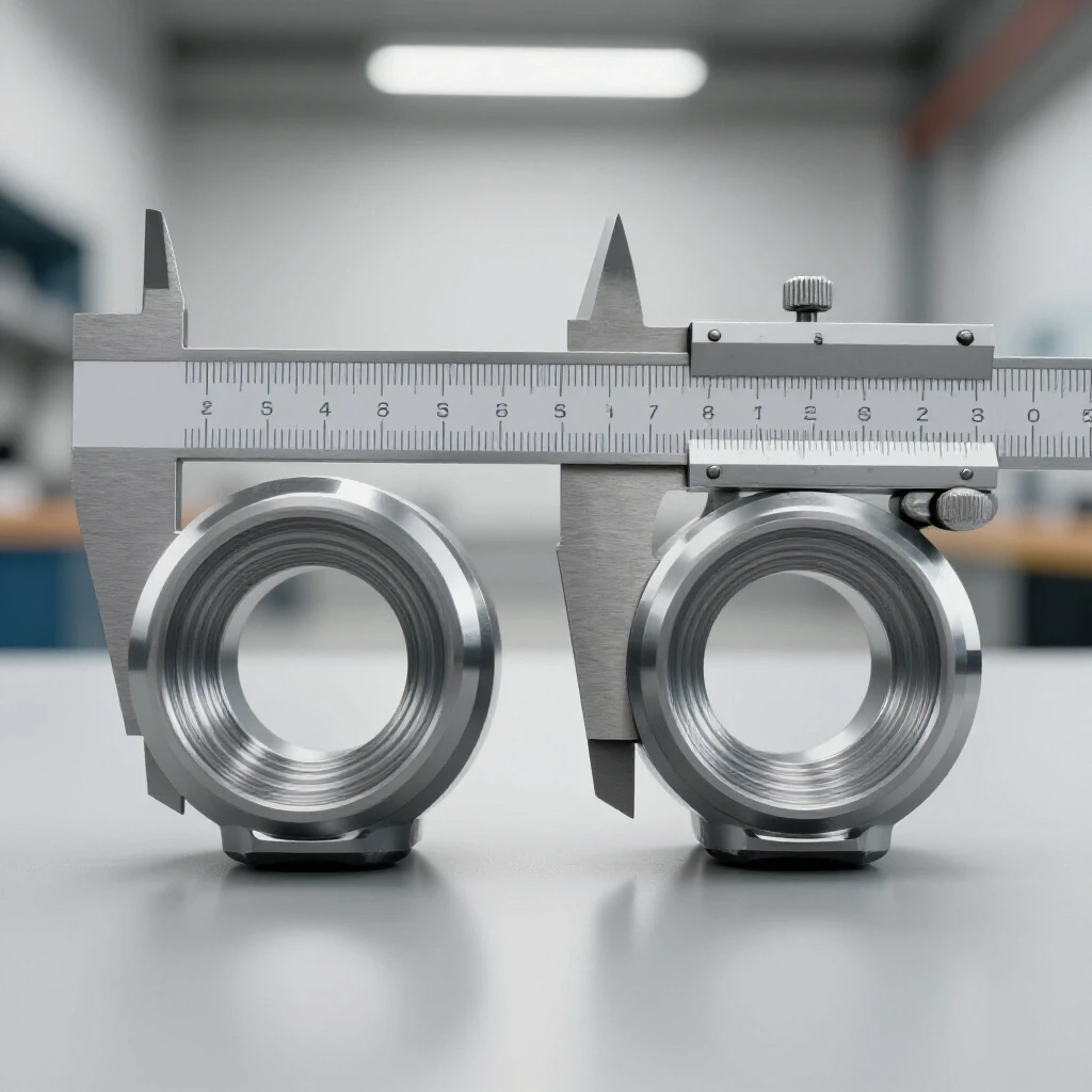 Close-up of symmetrical and misaligned metal parts with a ruler measuring symmetry in a workshop.