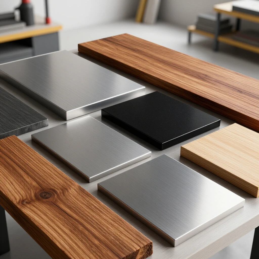 Close-up of various welding table top materials showcasing smooth steel, rough wood, and coated surfaces in a workshop setting.