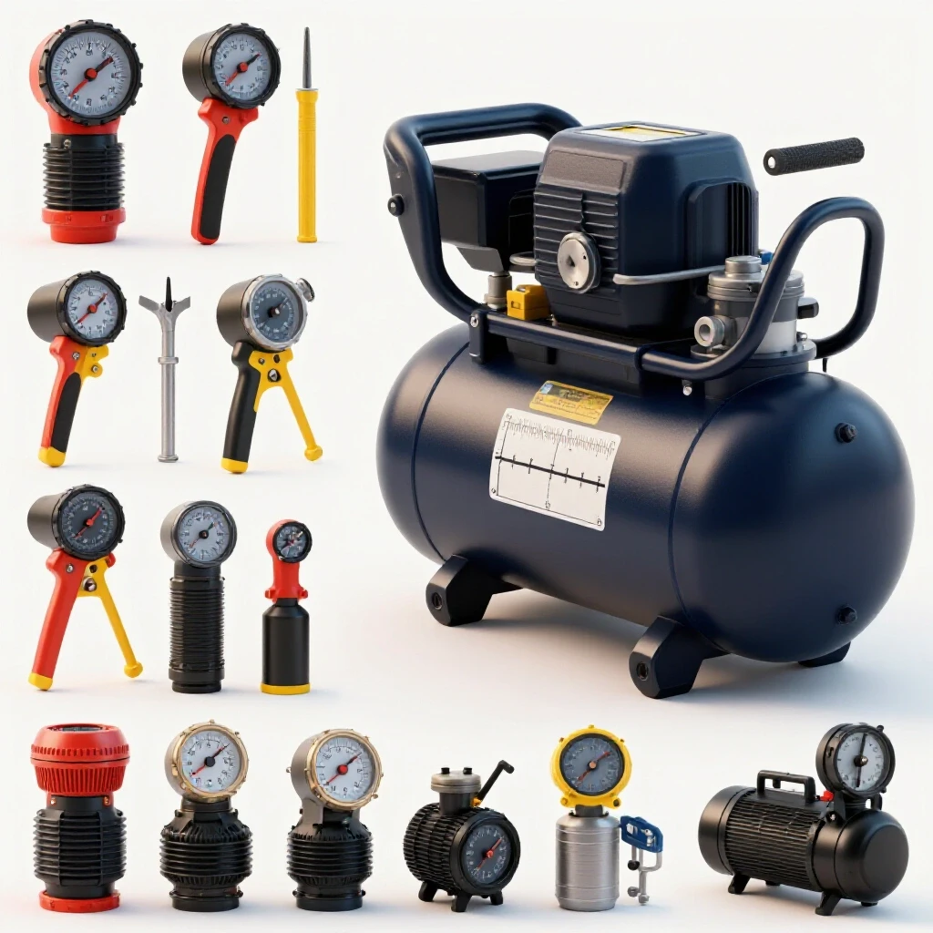 A split 3D scene showing various shop tools connected to compressors of different sizes alongside a large compressor with size indicators.