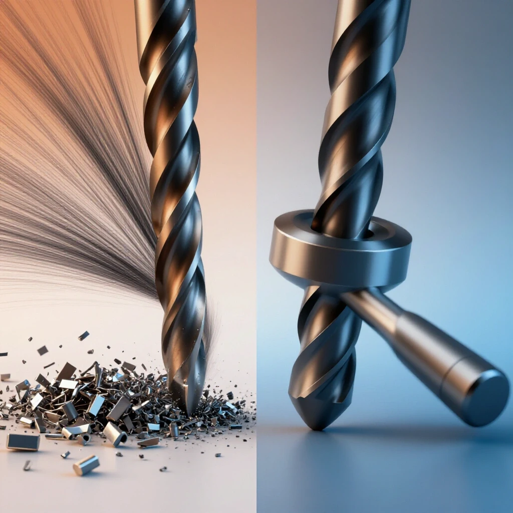 A visually striking image illustrating the contrast between a high-speed drill bit cutting through shavings and a slow-moving, smooth drill bit, symbolizing efficiency vs. quality.