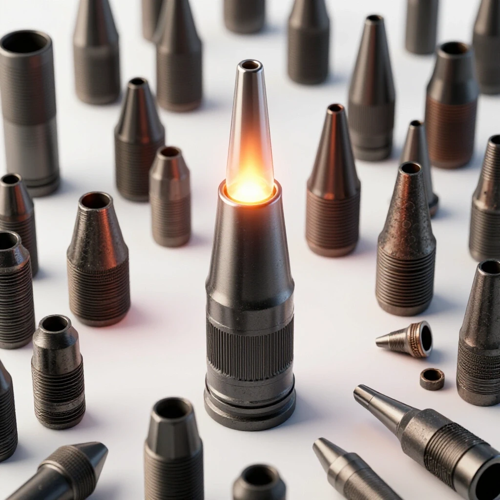 Close-up of vibrant plasma cutter nozzle surrounded by worn-out nozzles, showcasing durability and craftsmanship.
