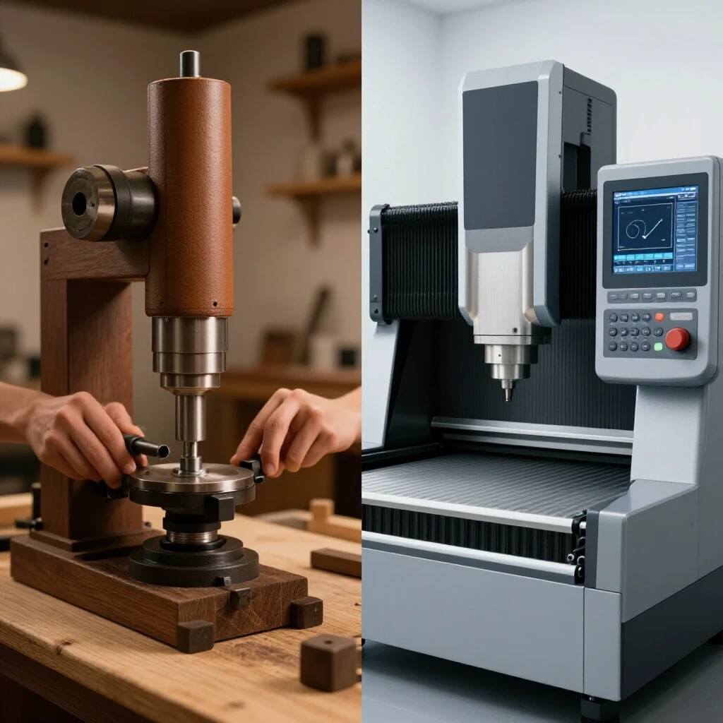 A split image featuring a rustic manual mill on one side and a modern CNC mill on the other, highlighting the contrast in design and setting.
