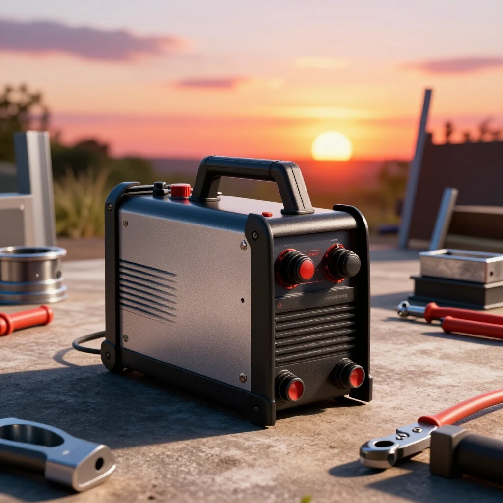 A portable welder in a scenic outdoor setting surrounded by metalwork tools, highlighted by a vibrant sunset.