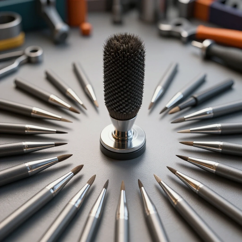 Close-up of a shiny carbon brush surrounded by different brush types on a workbench with metalworking tools in the blurred background.