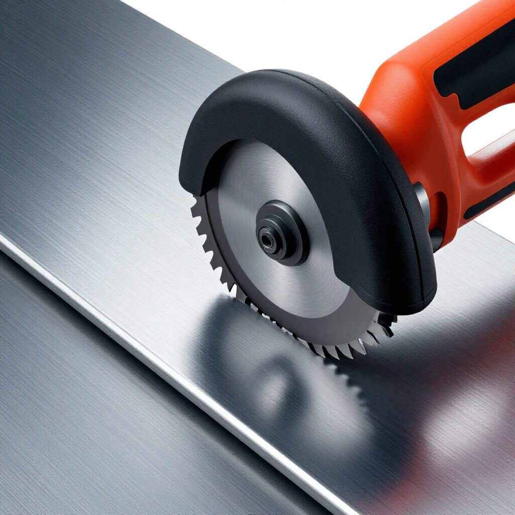 Close-up of a Sawzall cutting through a thick steel plate, showcasing sharp blade teeth against shiny steel.