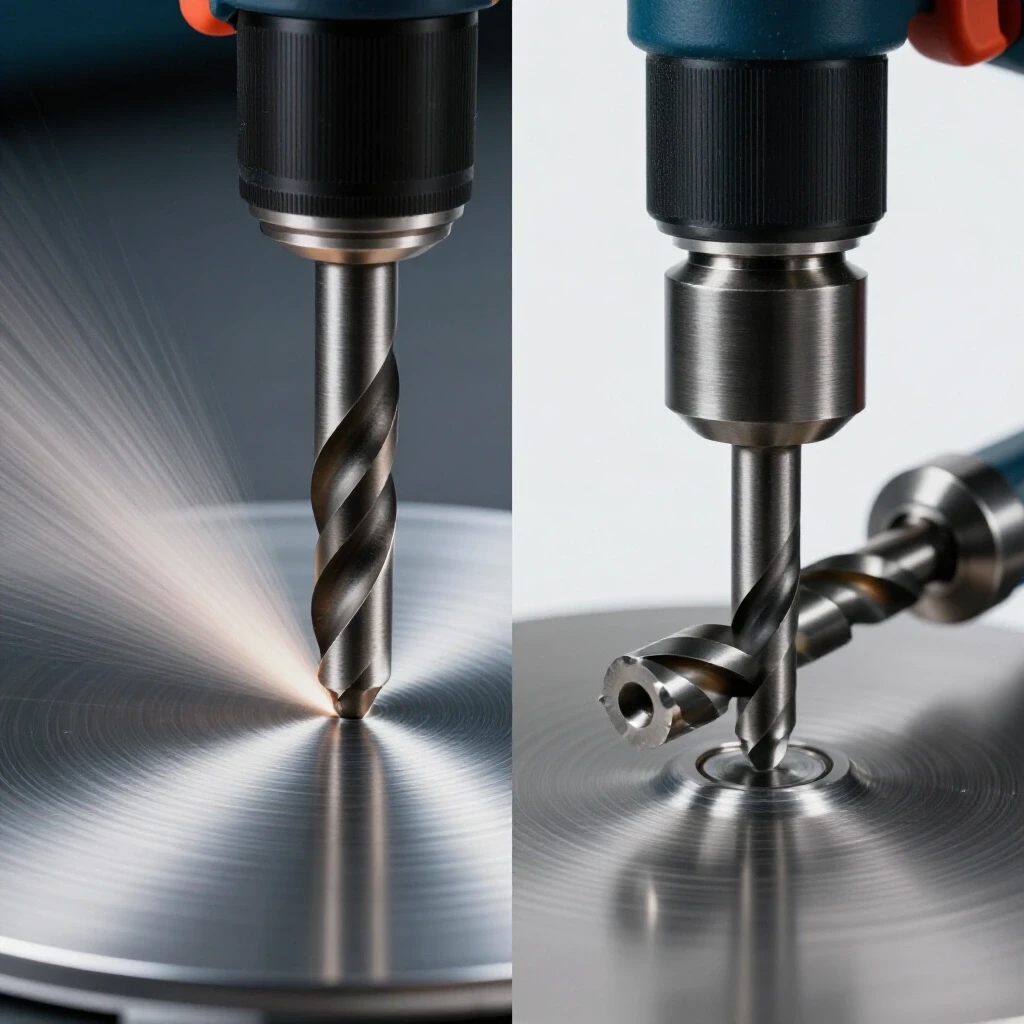 A split image showing a high-speed drill bit cutting through stainless steel on one side and a slow feed rate on the other, highlighting machining precision.