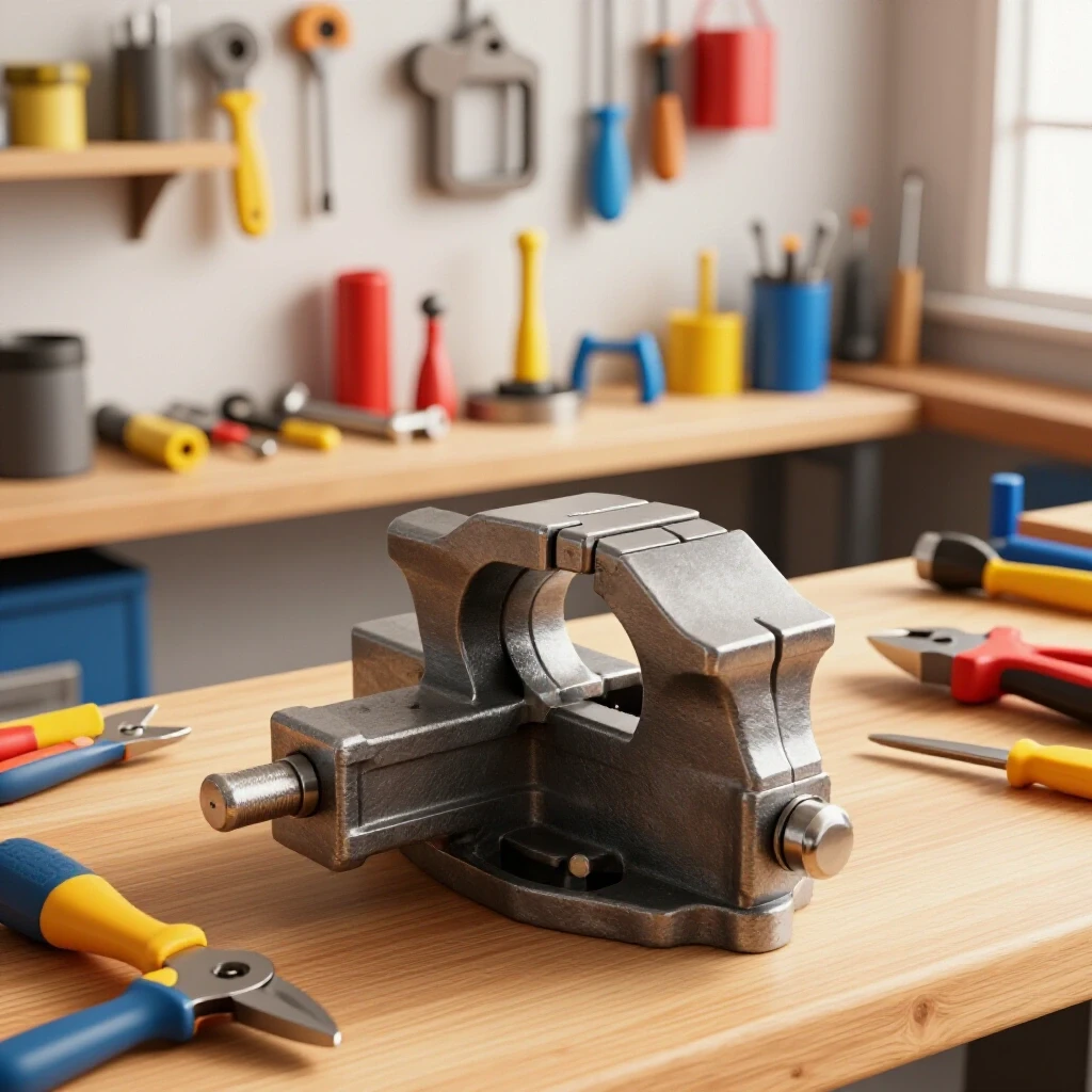 A brightly lit workshop with a central bench vise surrounded by colorful tools and materials, showcasing a creative DIY space.