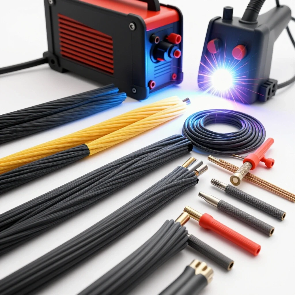 Close-up of various cable gauges from thin to thick with a MIG welder illuminating the background with bright light.