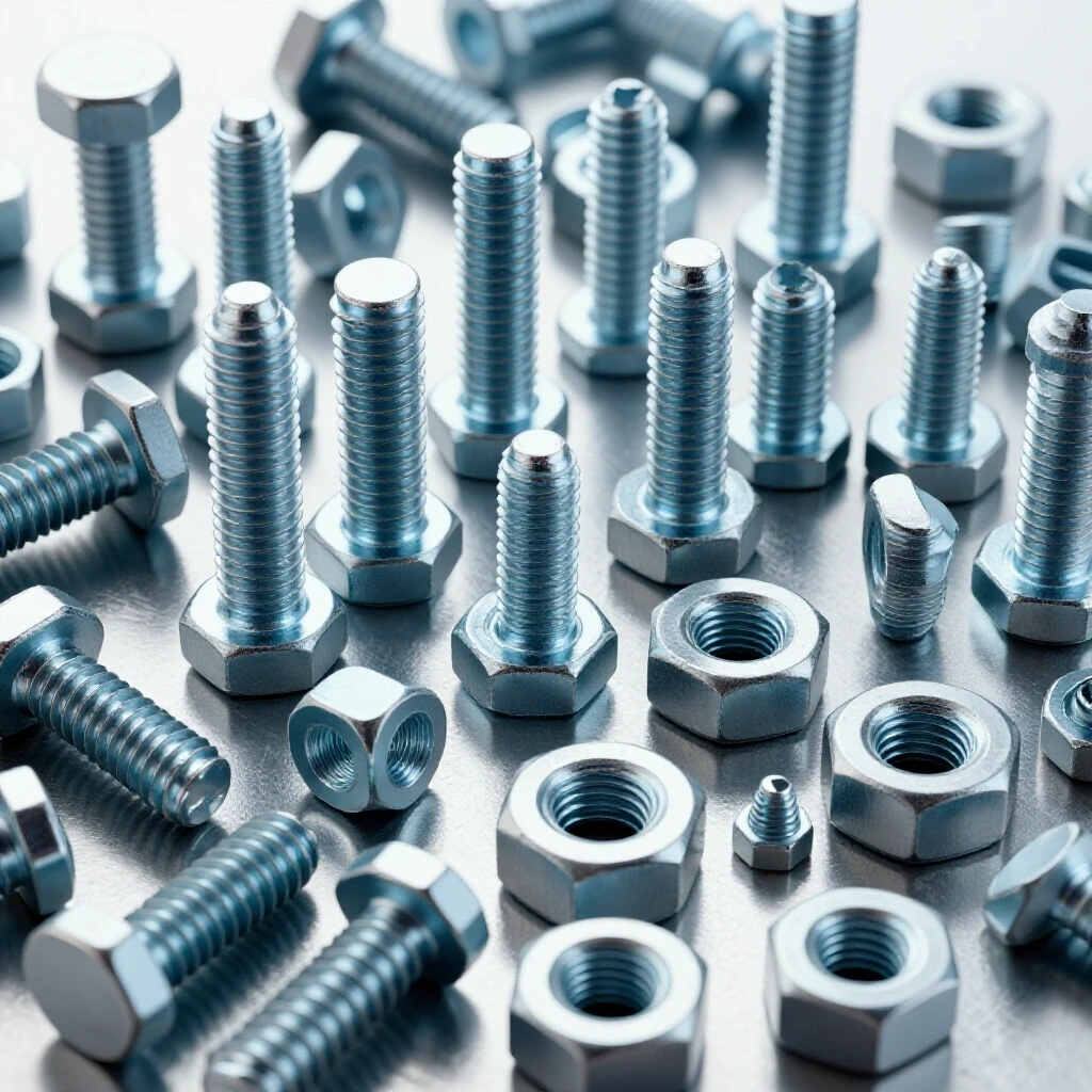 An artistic close-up of various fasteners including bolts, nuts, and screws on a steel surface, highlighting their textures and finishes.