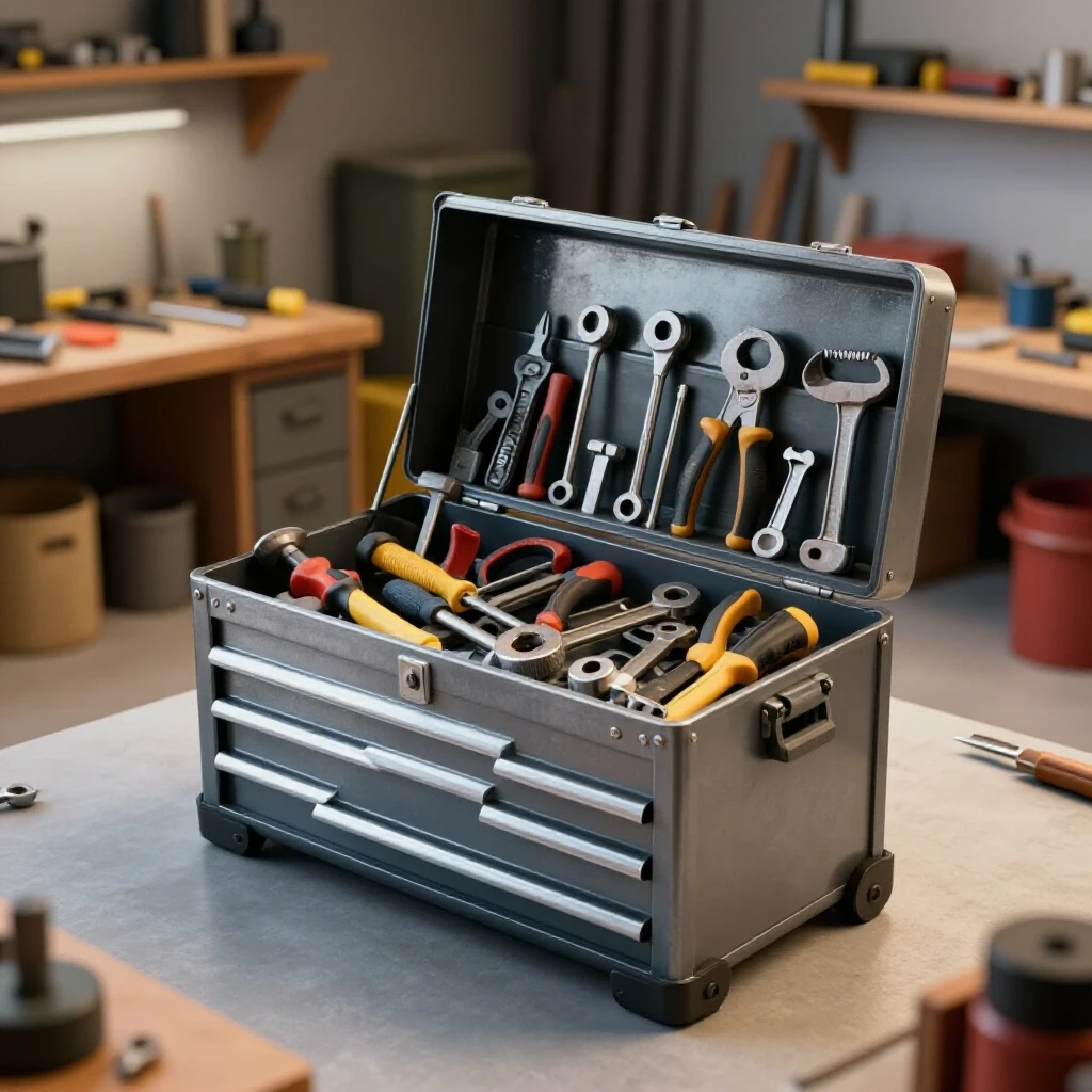A large metal tool chest overflowing with tools in a bright, cluttered workshop background, symbolizing organization.