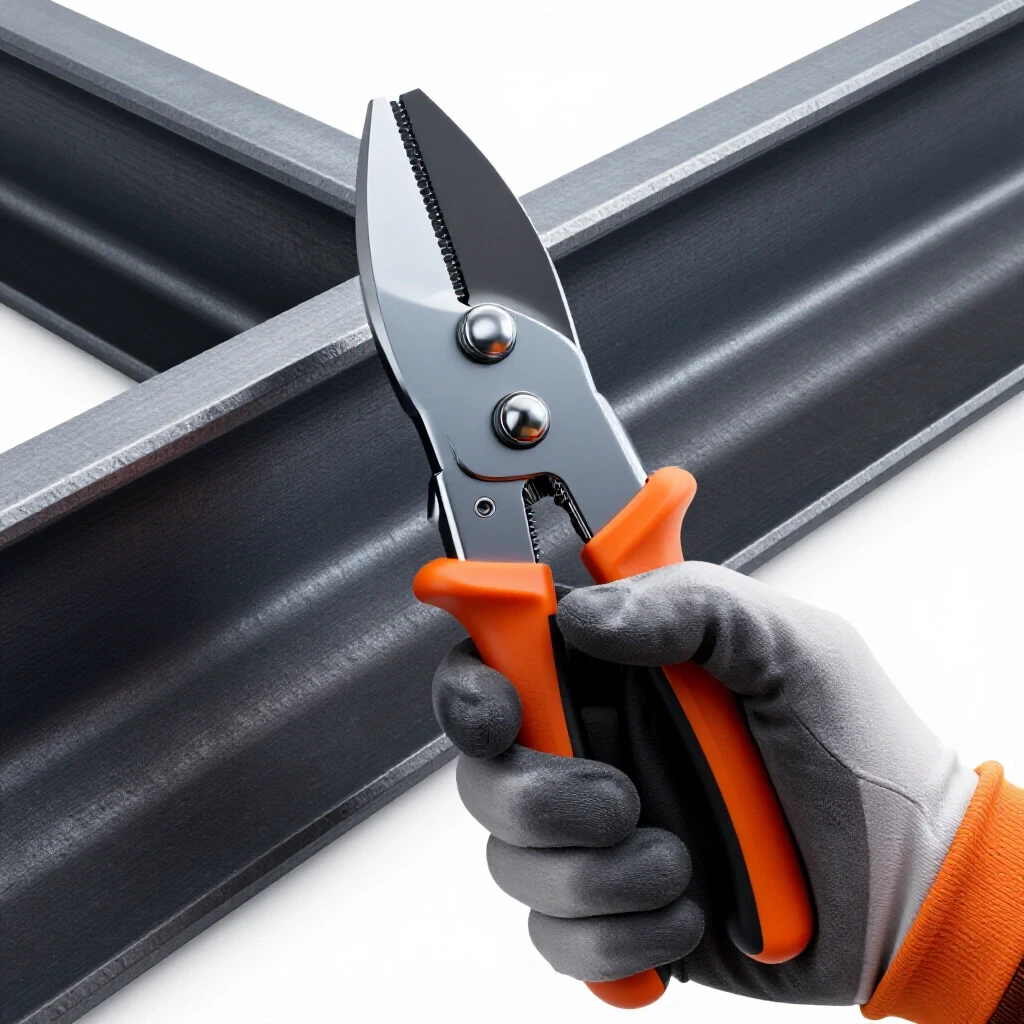 A gloved hand holds a precision cutting tool with a rugged structural steel background, showcasing contrast in textures and colors.
