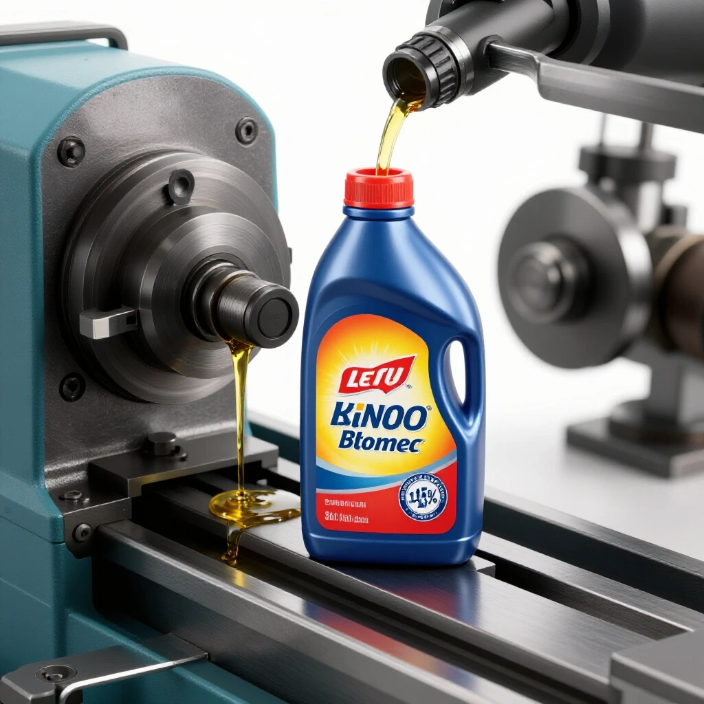 Close-up view of a metal lathe in operation with lubricant pouring onto its moving parts.