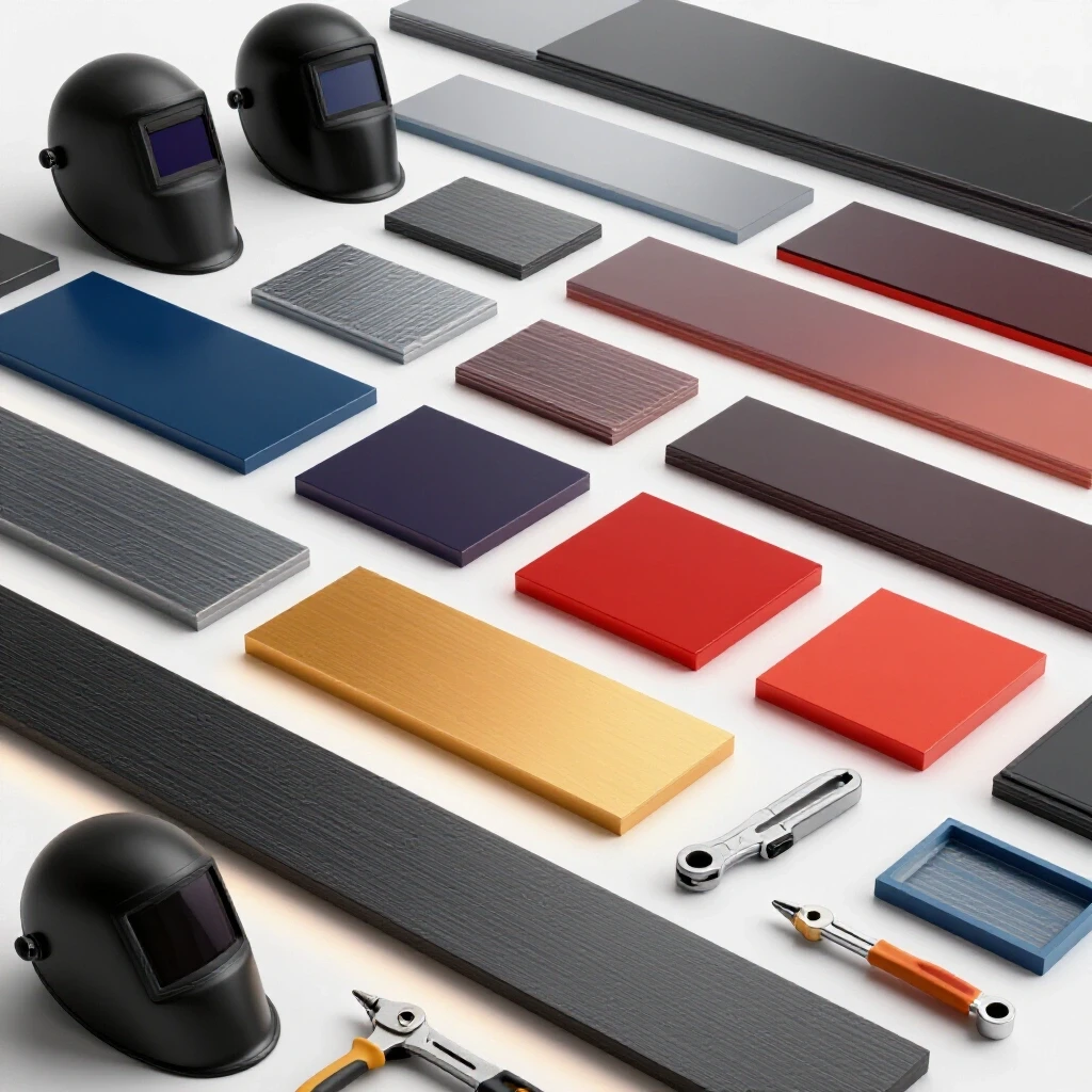 A set of diverse welding table tops showcasing varying thicknesses and textures with bright tools in the foreground.