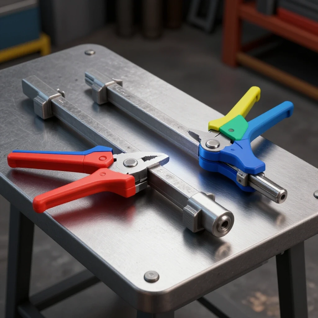 Close-up of a brightly lit welding table with shiny metal clamps, showcasing functionality in a workshop setting.