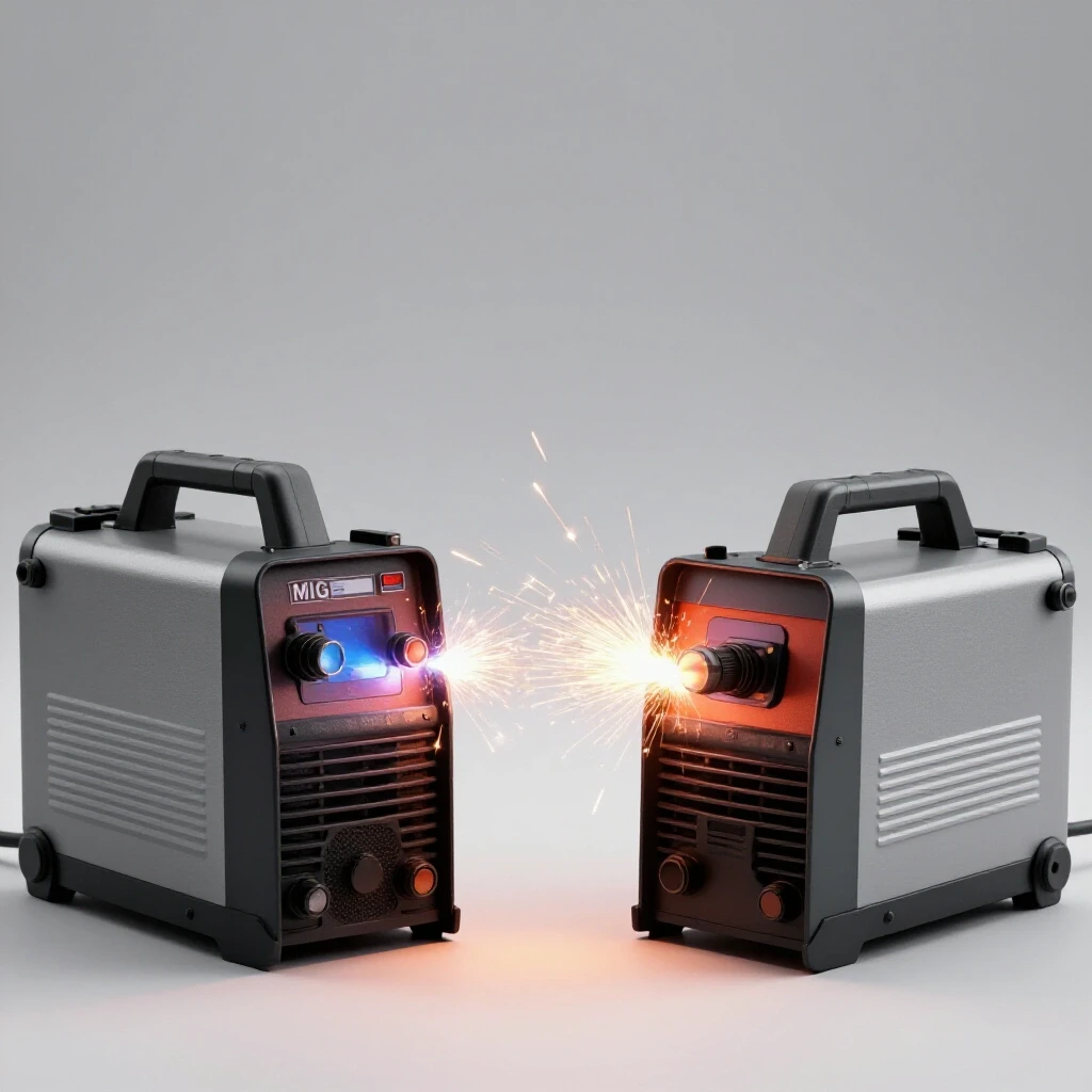 A sleek modern MIG welder and a classic robust TIG welder connected by glowing sparks, showcasing welding craftsmanship.