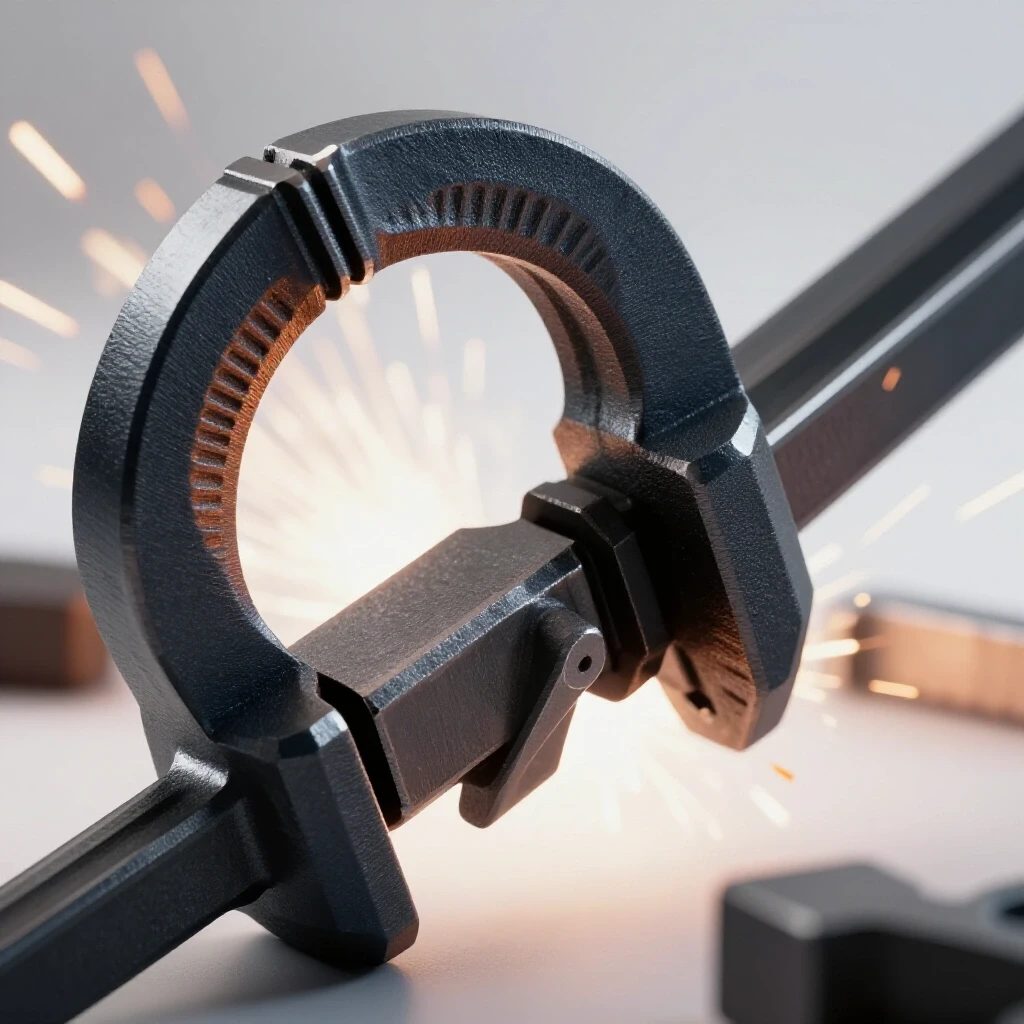 Close-up of a steel workpiece securely clamped, with welding sparks blurred in the background