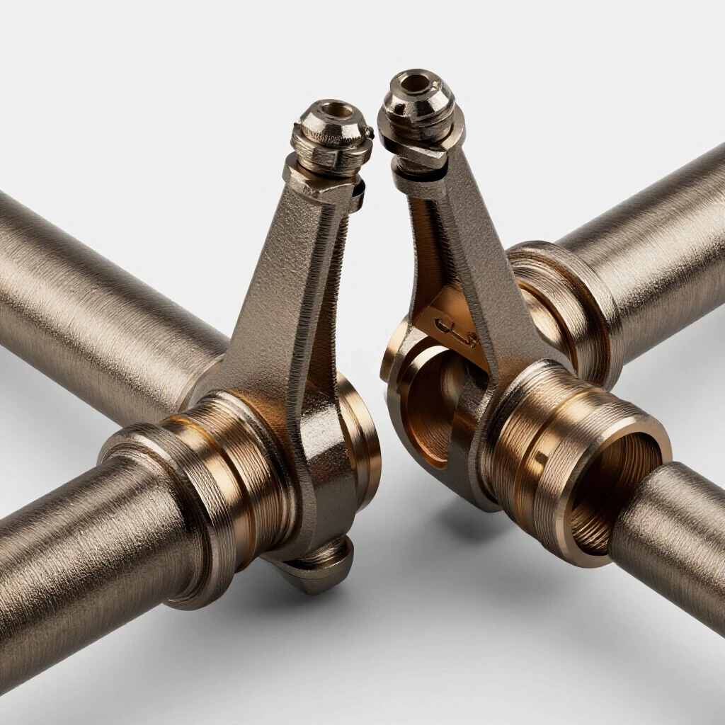 Close-up of two metal tubing joints clamped together, showcasing precision fit and texture in a well-lit backdrop.