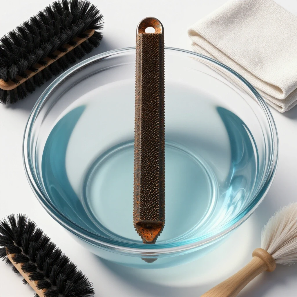 A rusty metal hand file submerged in a clear cleaning solution, with a cleaning brush and cloth surrounding it.