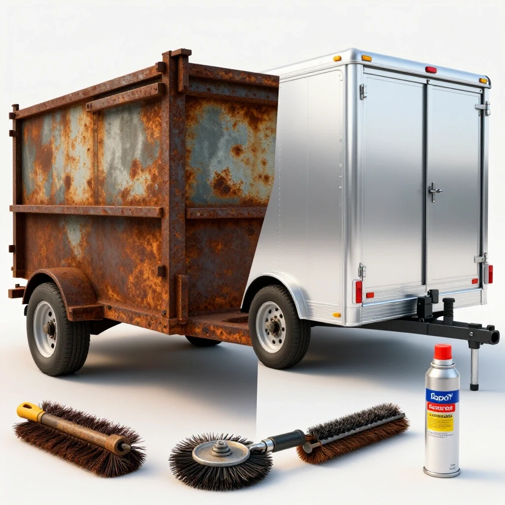 A transformation scene showing a rusty utility trailer on one side and a clean trailer on the other, with tools in the foreground.